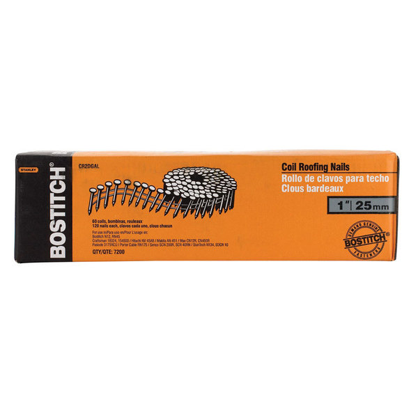 Bostitch Collated Roofing Nail, 1 in L, 14 ga, Galvanized, Full Round Head, 15 Degrees CR2DGAL